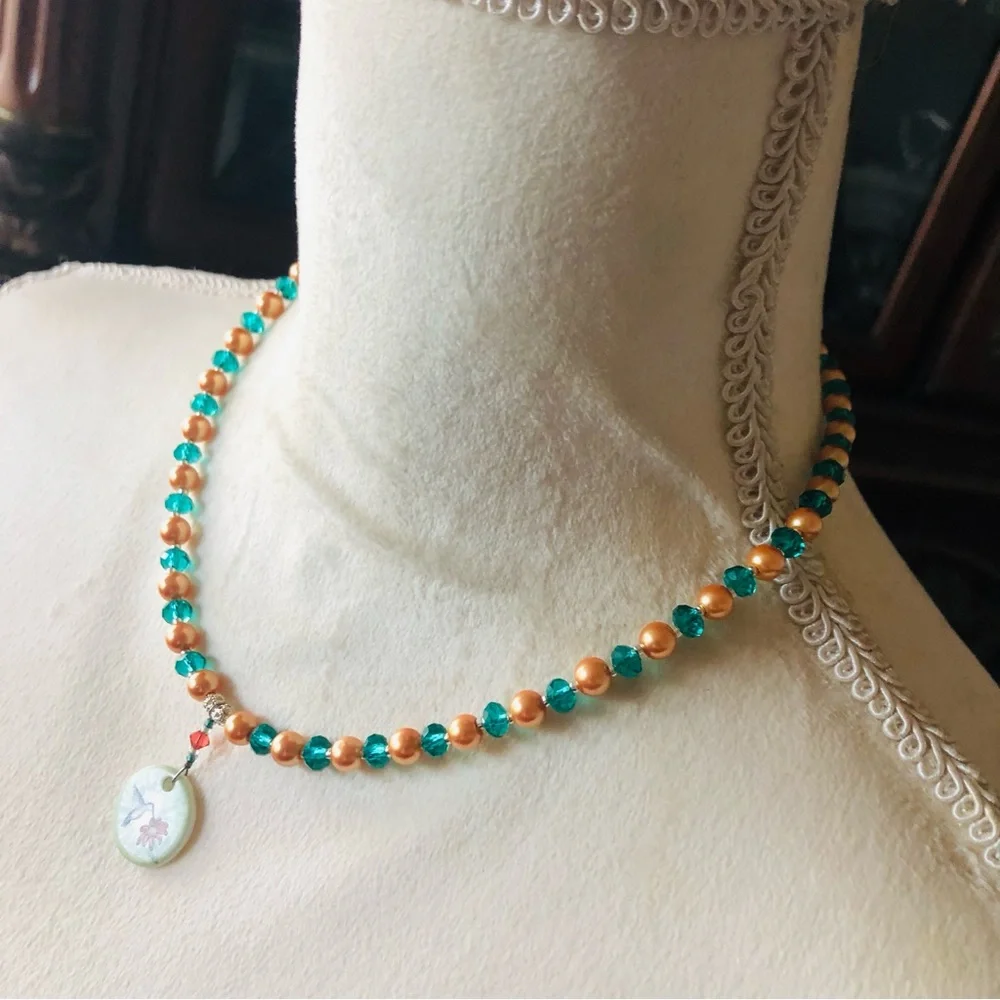 Handcrafted repurpose porcelain hummingbird disc Czech glass pearl necklace